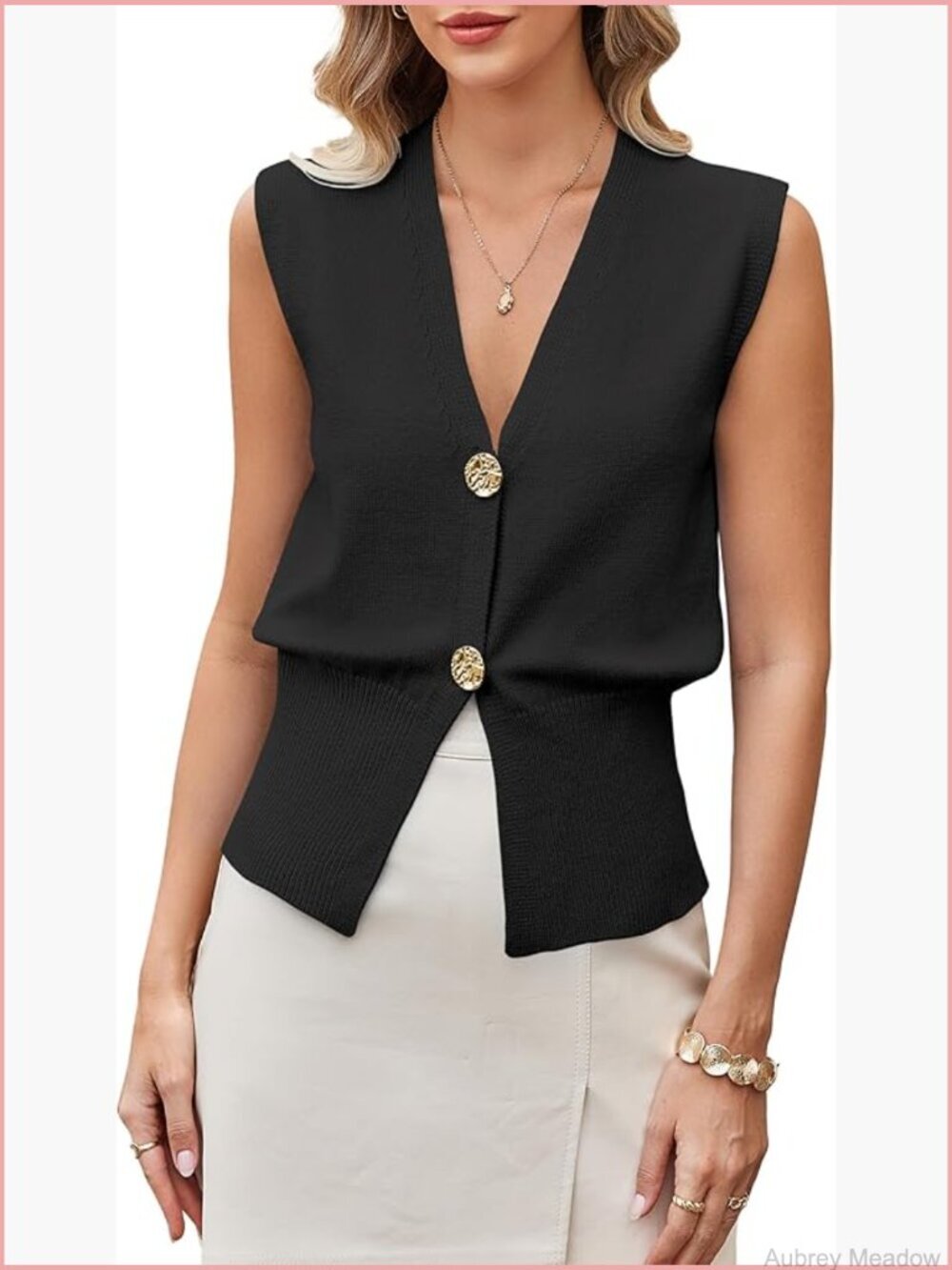 Women's V-Neck Sleeveless Cardigan with Gold Buttons